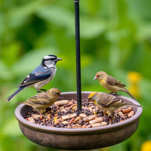 Garden birds feeding on seed tray