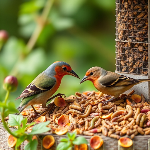 Garden birds pecking at mealworm mix