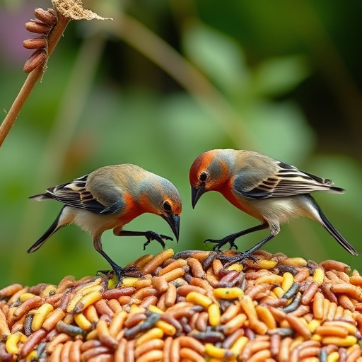 Garden birds pecking at mealworm mix