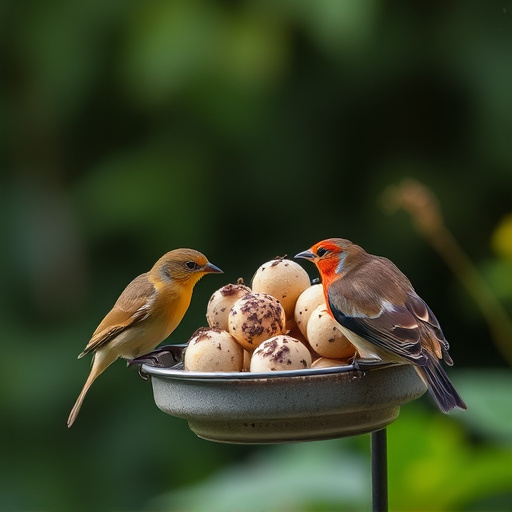 Garden birds sharing fat balls in feeder