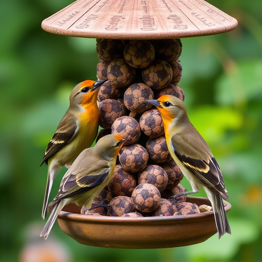 Garden birds sharing fat balls in feeder