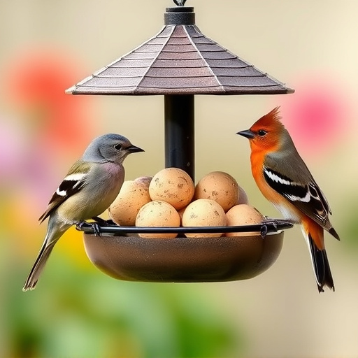Garden birds sharing fat balls in feeder