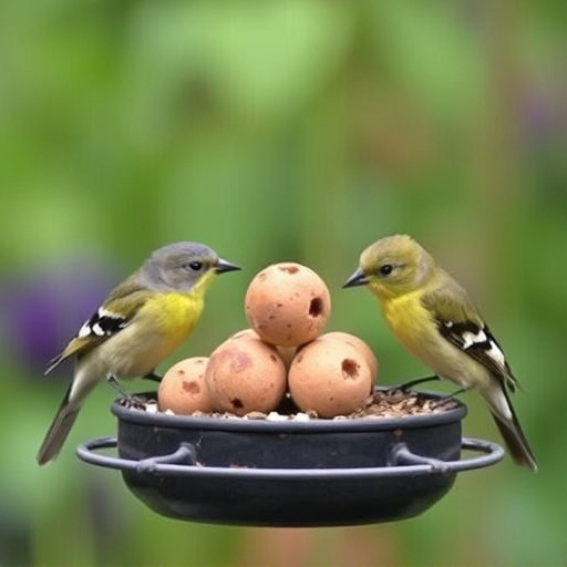 Garden birds sharing fat balls in feeder