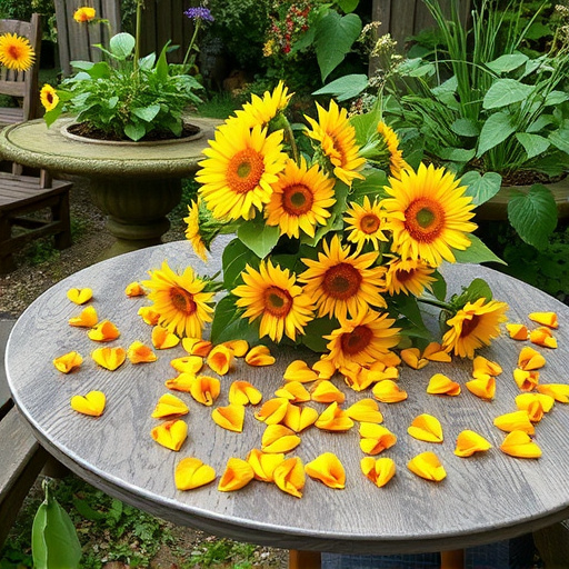 Garden table scattered with sunflower hearts