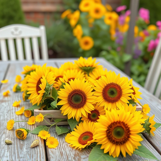 Garden table scattered with sunflower hearts