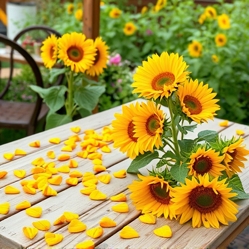 Garden table scattered with sunflower hearts
