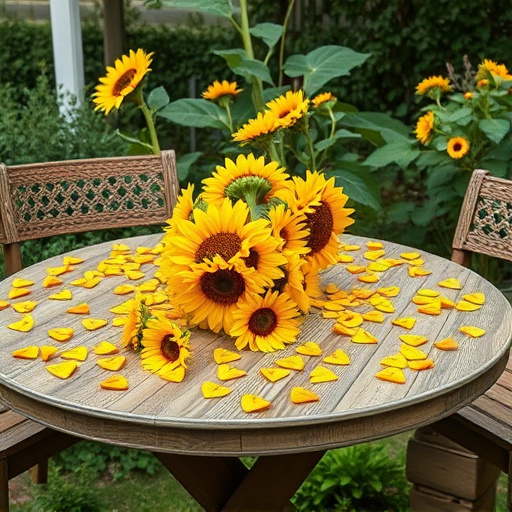 Garden table scattered with sunflower hearts