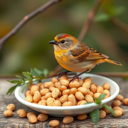 Goldcrest near dish of crushed peanuts