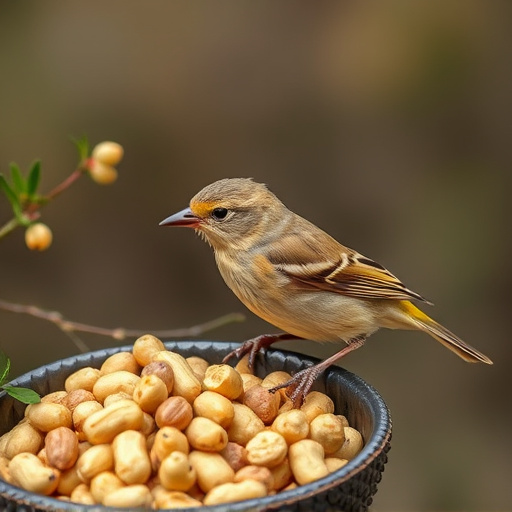 Goldcrest near dish of crushed peanuts