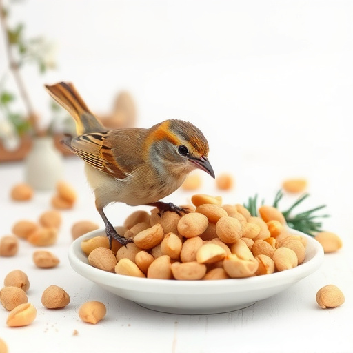 Goldcrest near dish of crushed peanuts