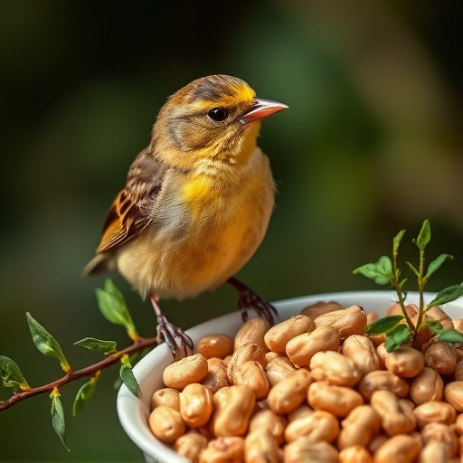 Goldcrest near dish of crushed peanuts