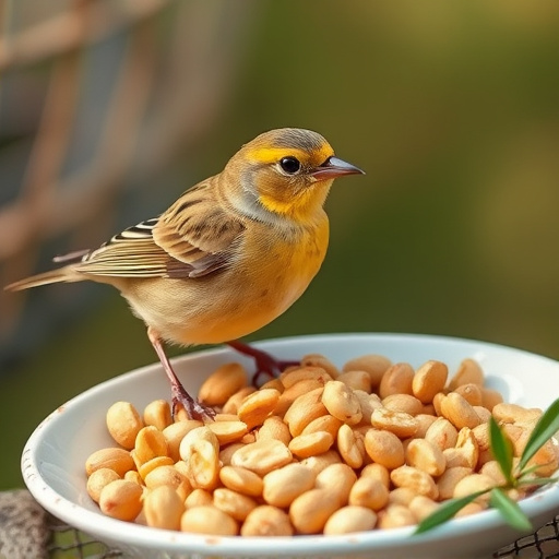 Goldcrest near dish of crushed peanuts
