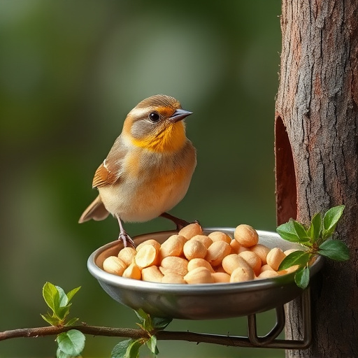 Goldcrest near dish of crushed peanuts