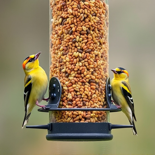 Goldfinches feeding on niger seed feeder