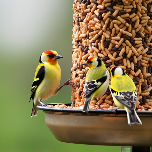 Goldfinches feeding on niger seed feeder