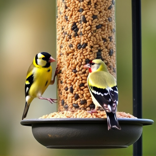 Goldfinches feeding on niger seed feeder