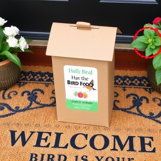 Labeled bird food box on welcome mat