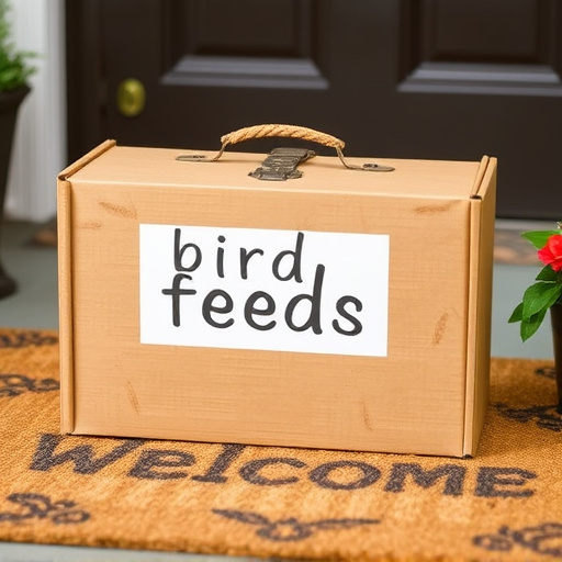 Labeled bird food box on welcome mat