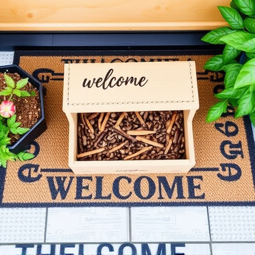Labeled bird food box on welcome mat