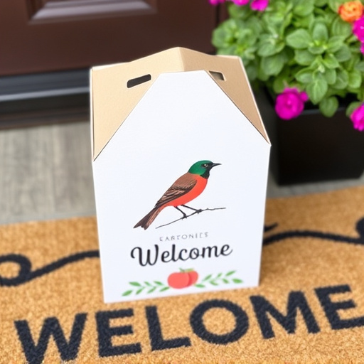 Labeled bird food box on welcome mat