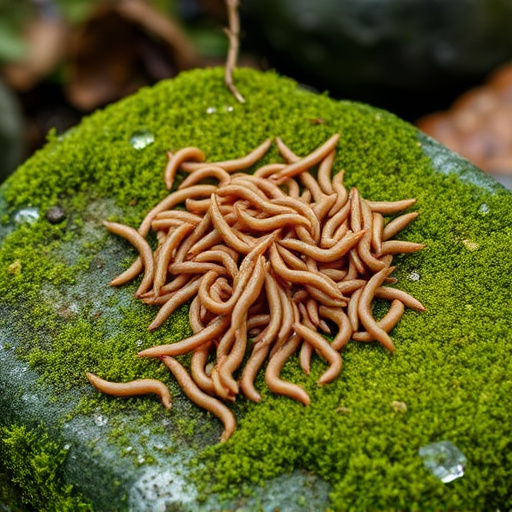 Mealworms scattered on mossy stone perch
