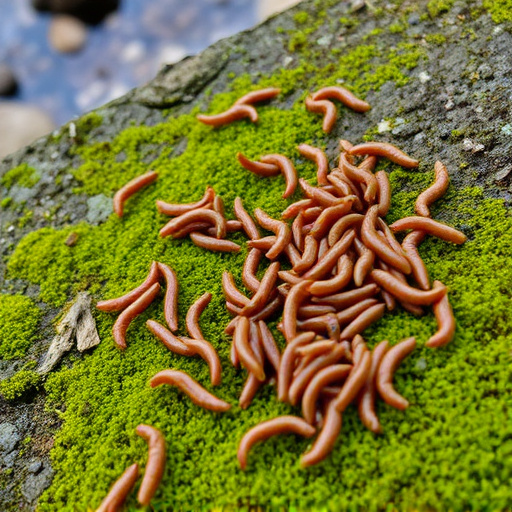 Mealworms scattered on mossy stone perch