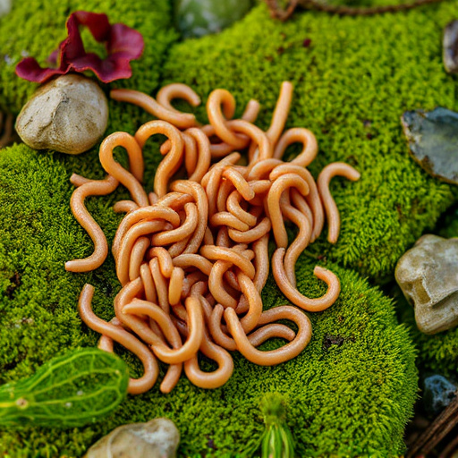 Mealworms scattered on mossy stone perch