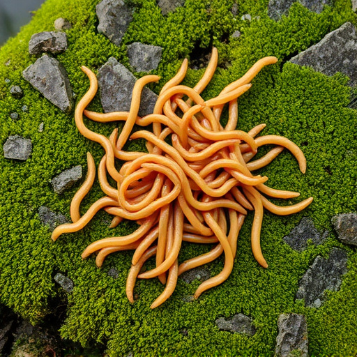 Mealworms scattered on mossy stone perch