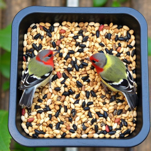 Mixed seed in shallow tray for finches