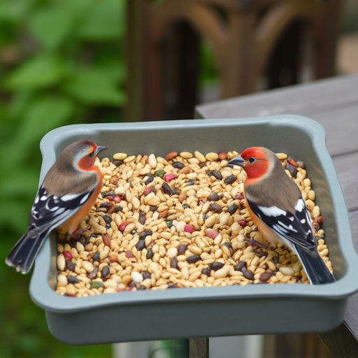 Mixed seed in shallow tray for finches
