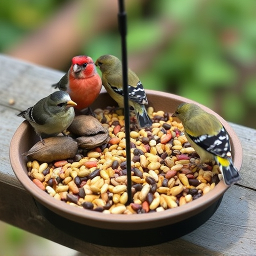 Mixed seed in shallow tray for finches