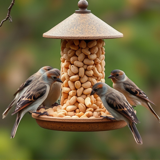 Peanuts in feeder surrounded by sparrows