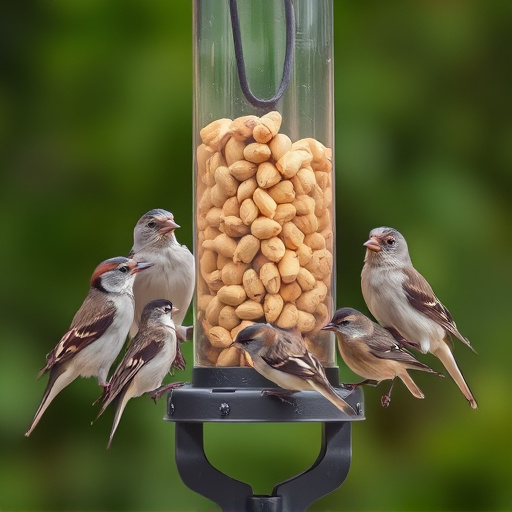 Peanuts in feeder surrounded by sparrows