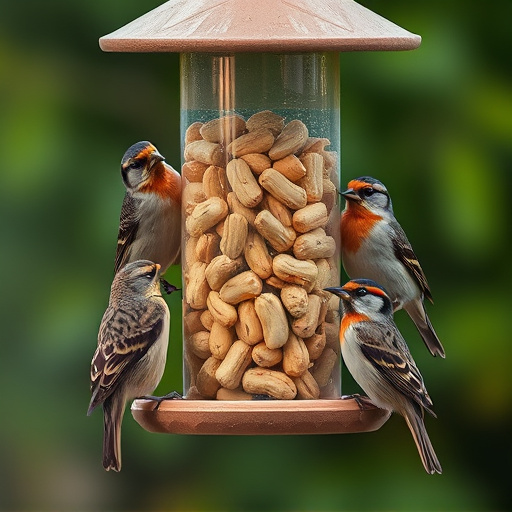 Peanuts in feeder surrounded by sparrows