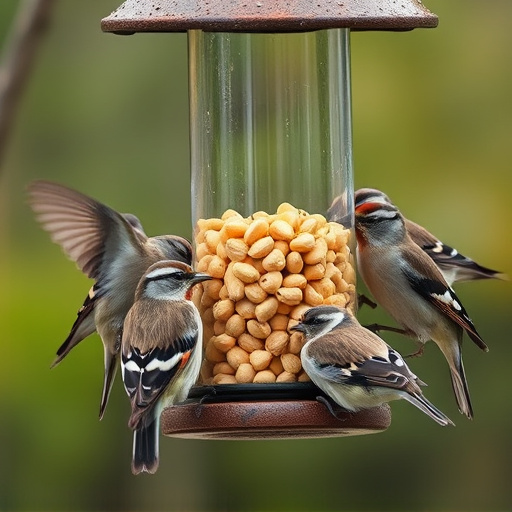 Peanuts in feeder surrounded by sparrows