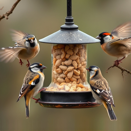 Peanuts in feeder surrounded by sparrows