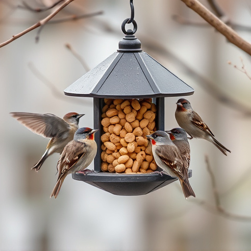 Peanuts in feeder surrounded by sparrows