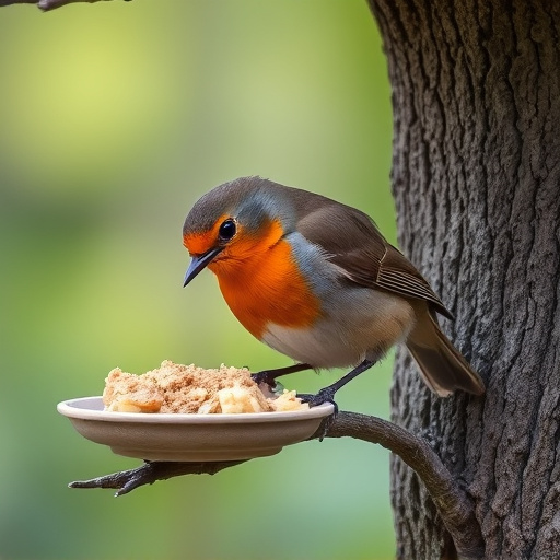 Robin feeding from low dish of suet
