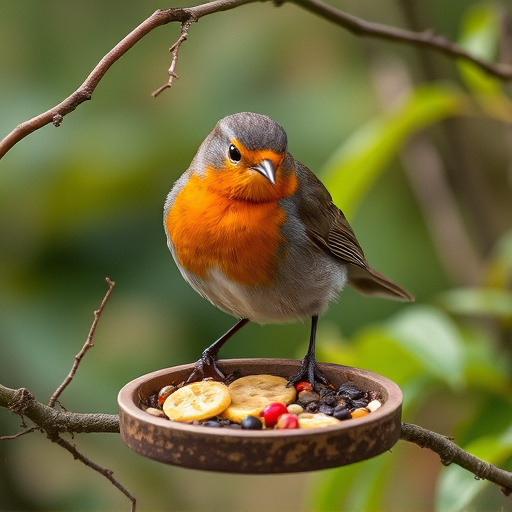 Robin feeding from low dish of suet
