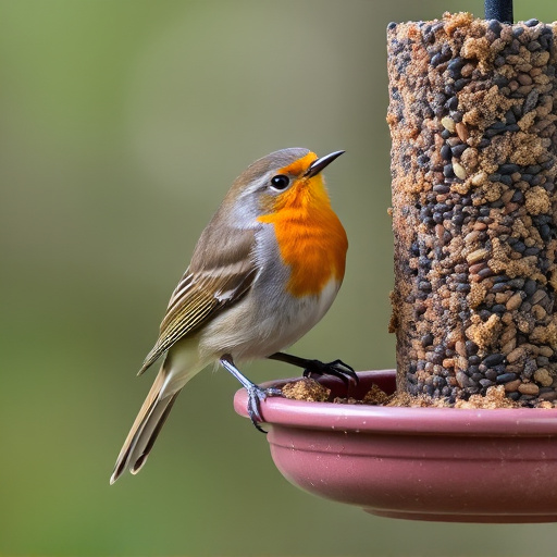 Robin perched beside suet-filled feeder