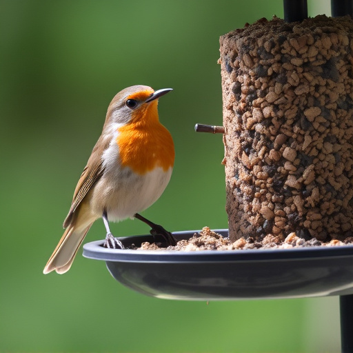 Robin perched beside suet-filled feeder