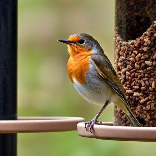 Robin perched beside suet-filled feeder