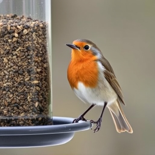 Robin perched beside suet-filled feeder