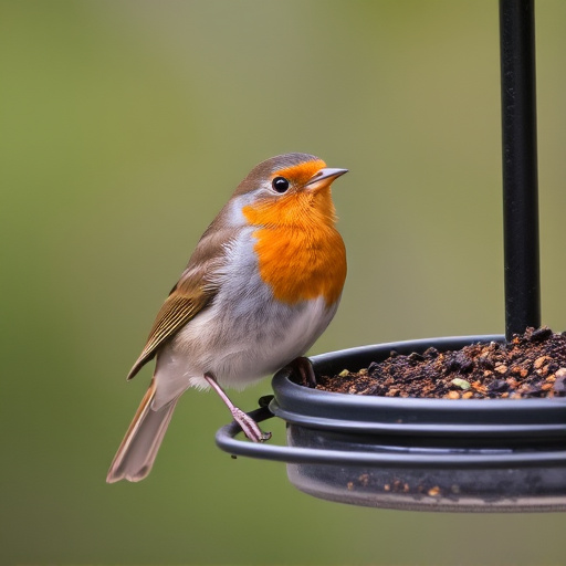 Robin perched beside suet-filled feeder