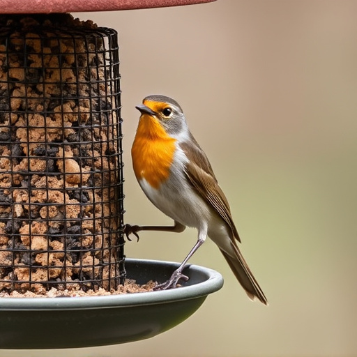 Robin perched beside suet-filled feeder