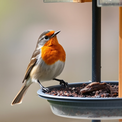 Robin perched beside suet-filled feeder