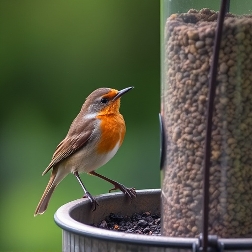 Robin perched beside suet-filled feeder