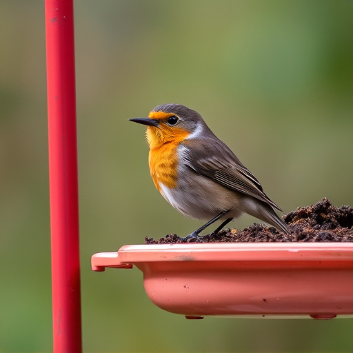 Robin perched beside suet-filled feeder