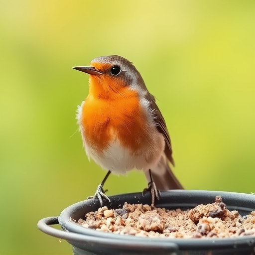 Robin perched beside suet-filled feeder
