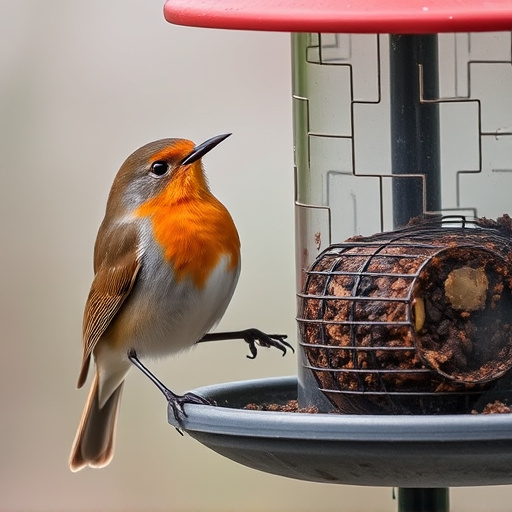Robin perched beside suet-filled feeder